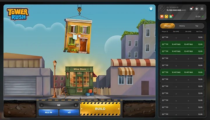 Tower Rush gameplay - a floor being placed and the cumulative multiplier rising